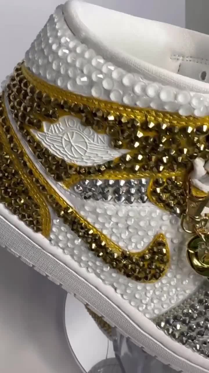 Rhinestone Jordan 1 Mids, Silver & Gold Custom Bling Sneakers, Bedazzled Nikes video poster