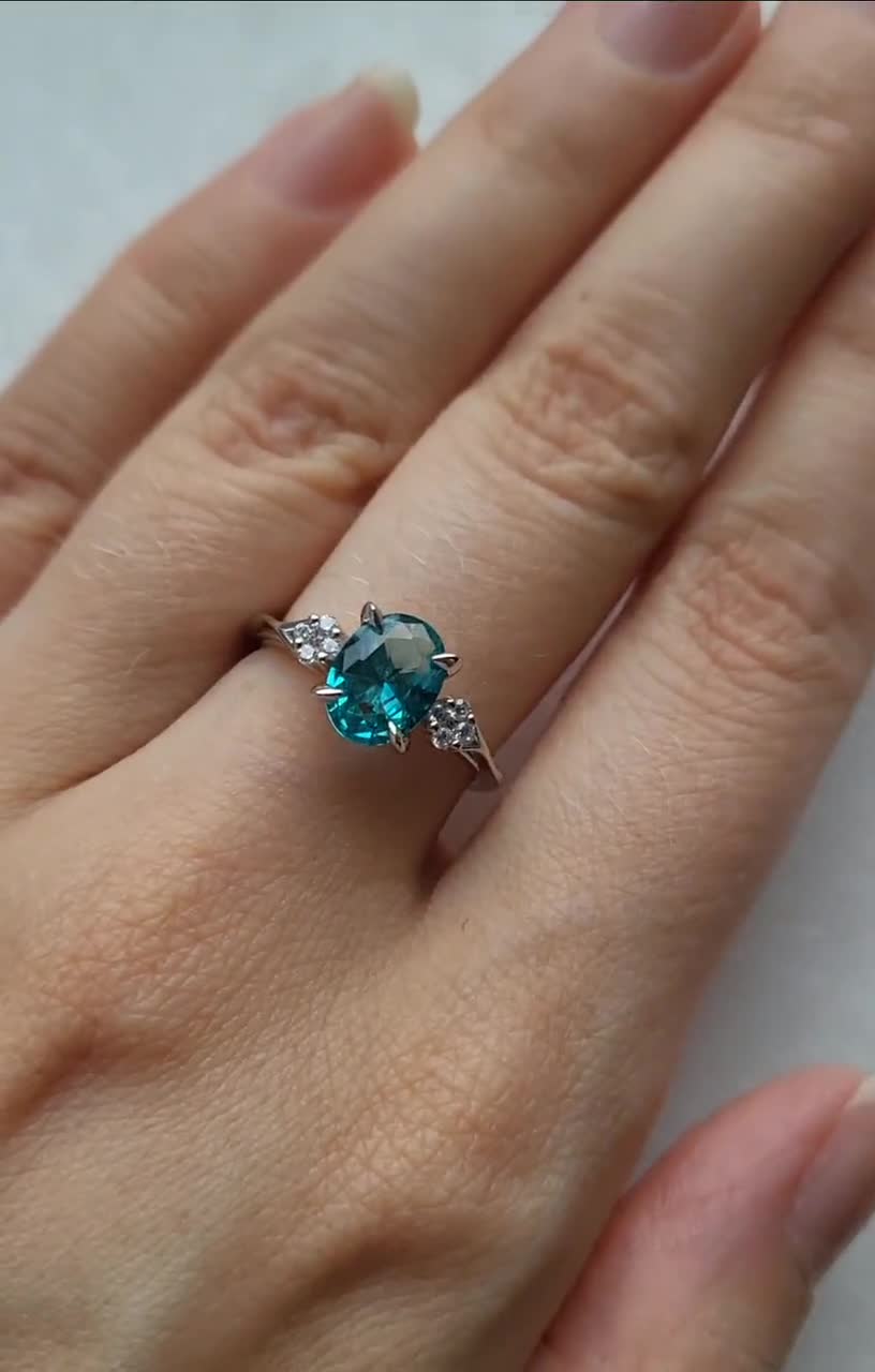 Shinee Ring With Oval Nano Tourmaline Paraiba & CZ Flowers
