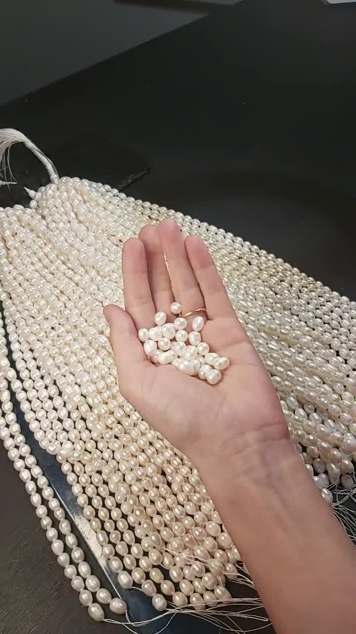 7mm Freshwater Pearl Beads, Genuine Natural Pearls, Oval Shape Beautiful  Cream White Colour Pearls, Shiny Great Quality, Through Hole, UK 