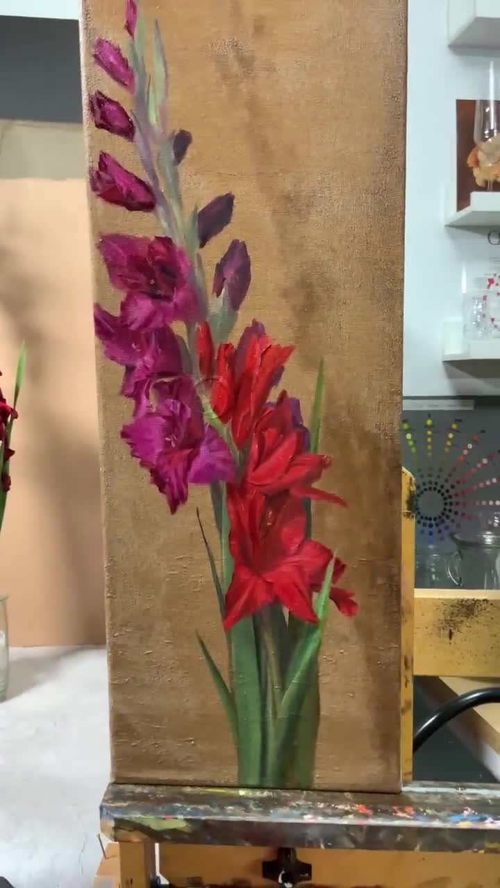 大型オリジナルグラジオラス油絵、8×24インチ、花をモチーフにした