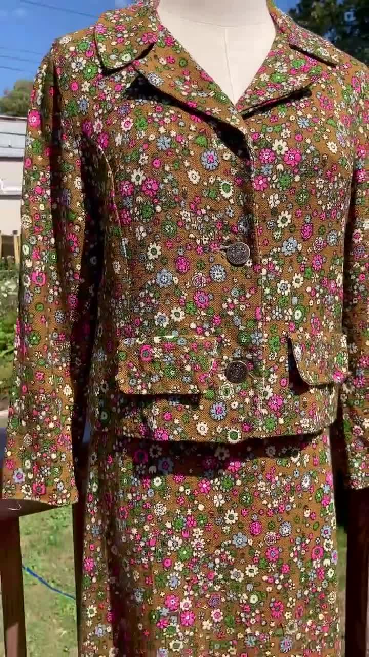 ジャケット・アウター 60's Vintage Haute Couture Set up Flower Vintage 60s/70s Green & Pink Flower Power Print Jacket and