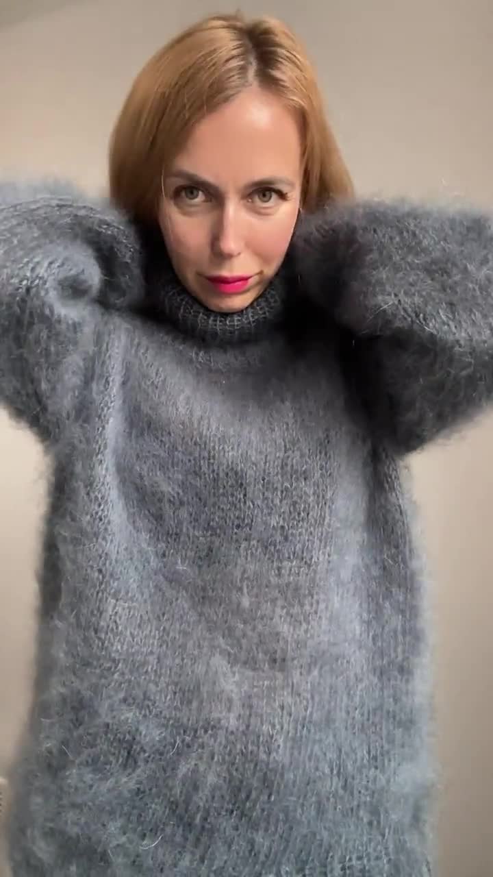 Sexy Hand Knitted Mohair Sweater Bodysuit Dark Gray Color Turtleneck