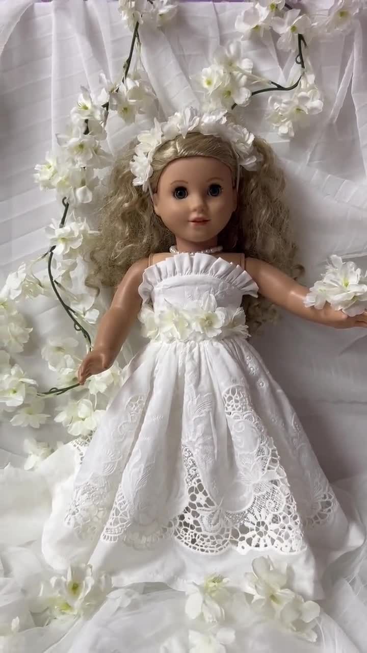 Spring Princess Set – White Embroidered Dress for 18” Dolls