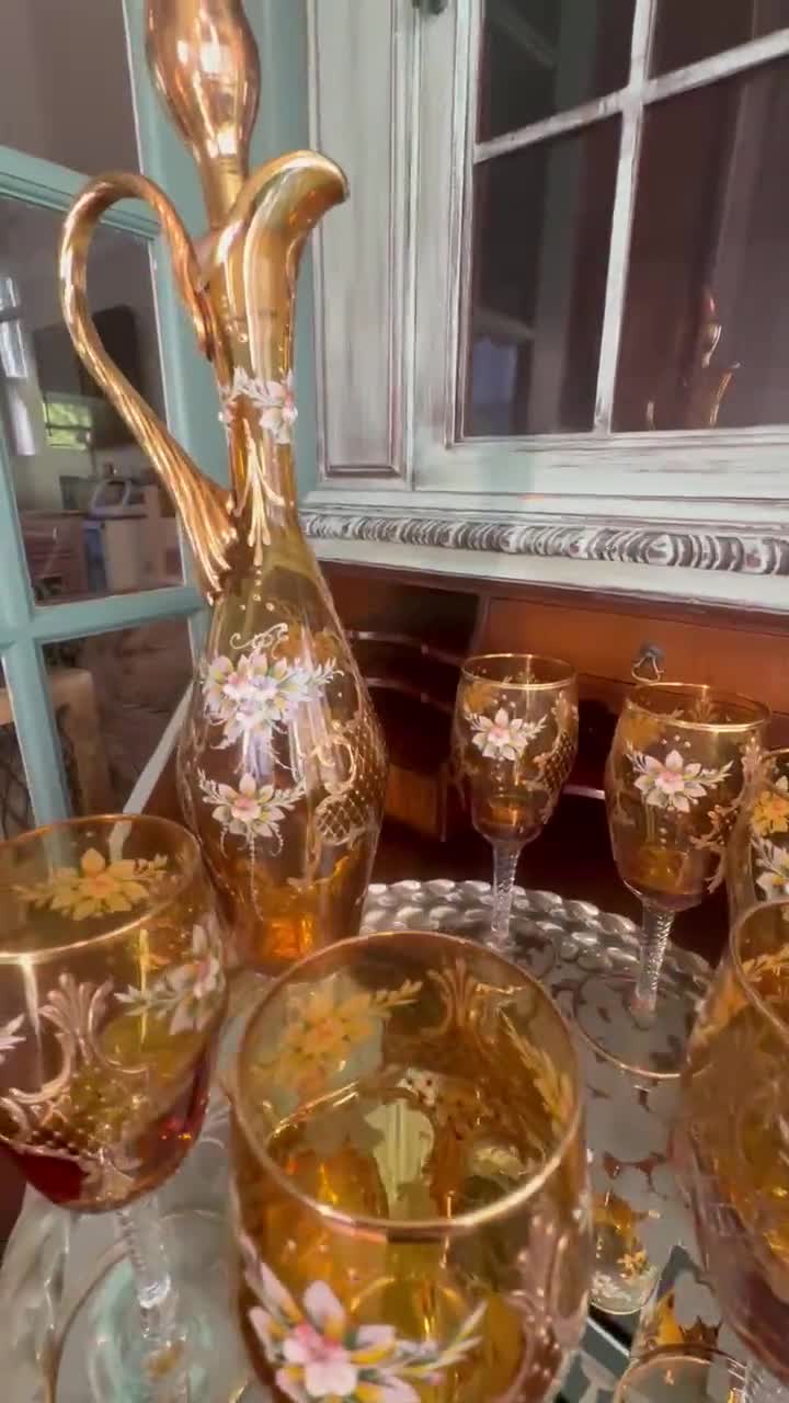 Murano Glass Decanter Set – 24K Gold Leaf, Rococo Tray, Six Wine