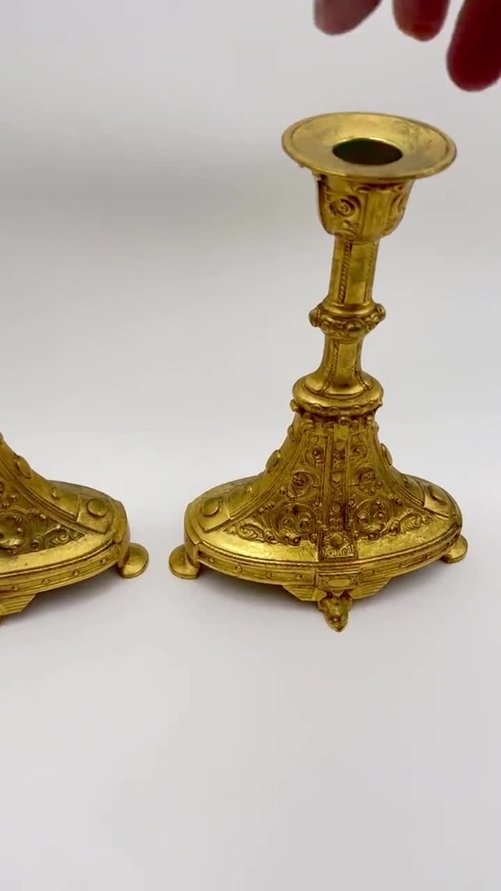 希少な1800年代の金メッキ真鍮製燭台、ネオゴシック様式、ドイツ製