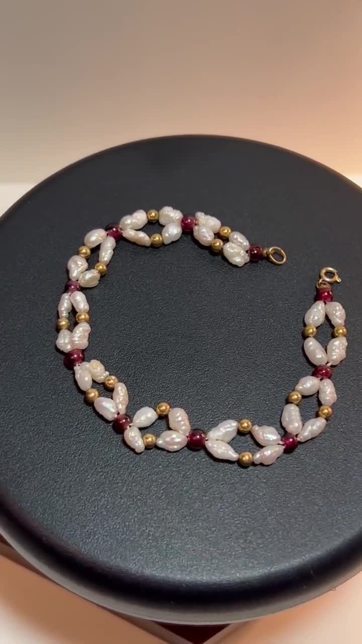 14Kガーネットブレスレット 7.25インチ パール 14KTゴールドビーズ