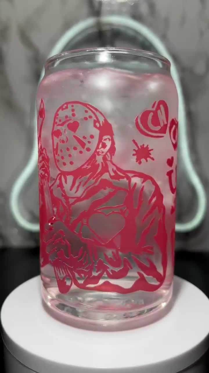 Valentines Day Friday the 13th Jason Voorhees Color Changing Red Permanent  Vinyl on a Libbey Beer Can Glass. 