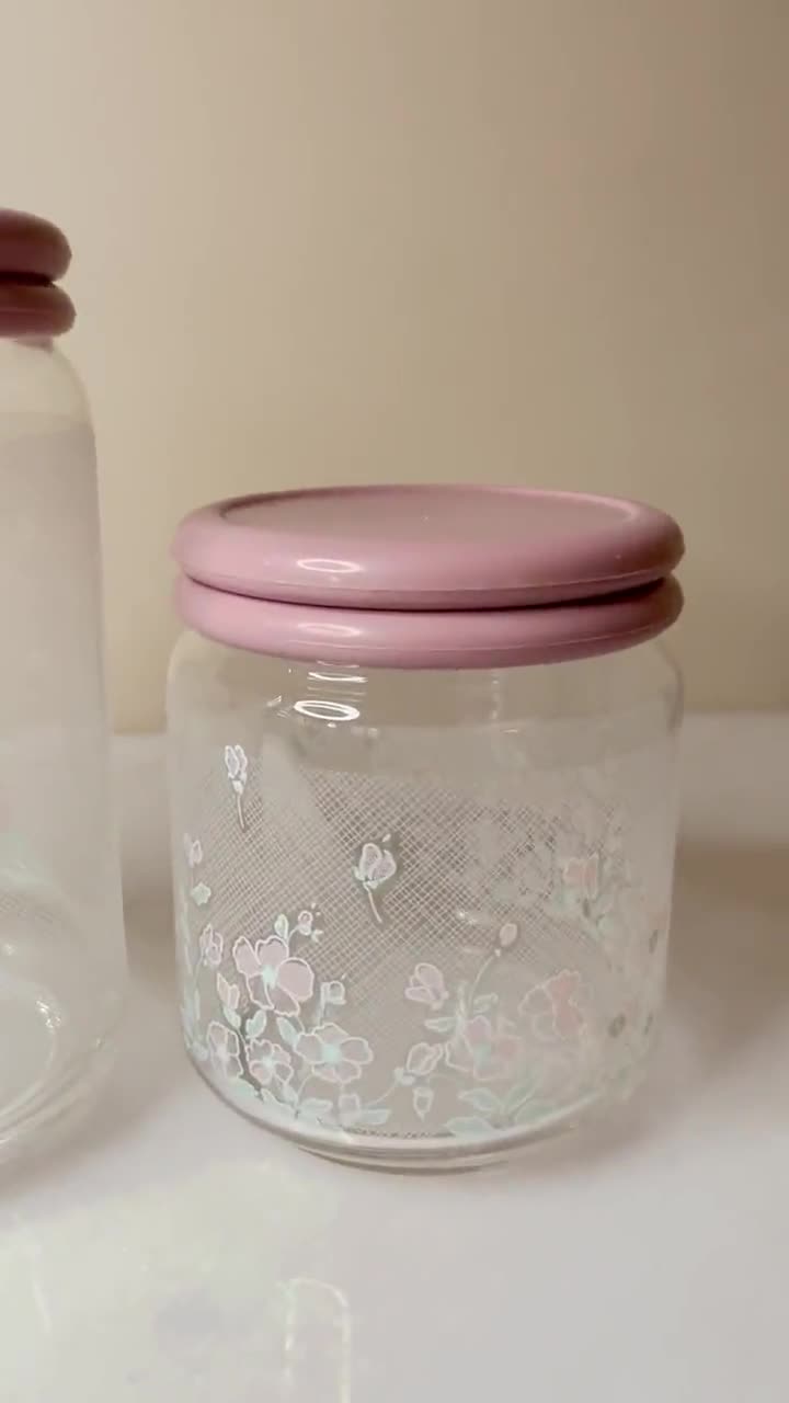 Trio of Glass Canisters With Dusty Rose Pink Plastic Lids Frosted