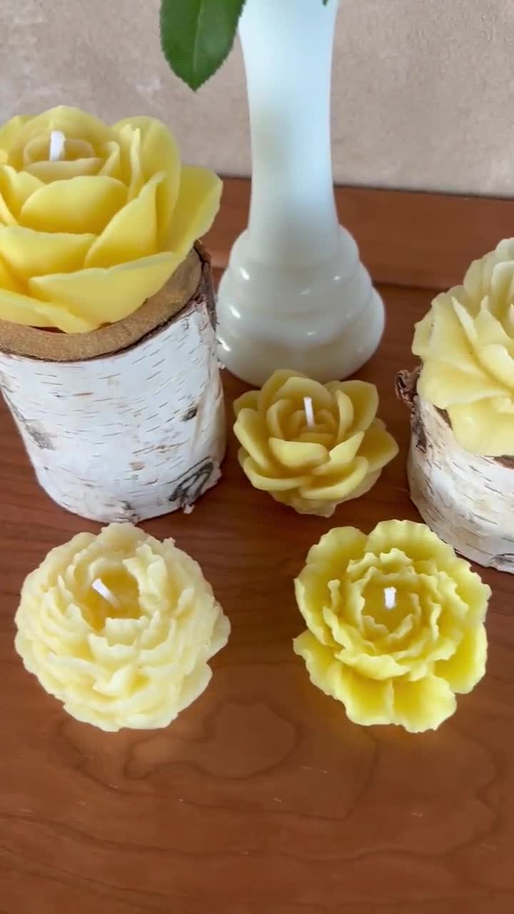 6 Yellow Flower Candles Peony Dahlia Rose Shaped Beeswax Candles