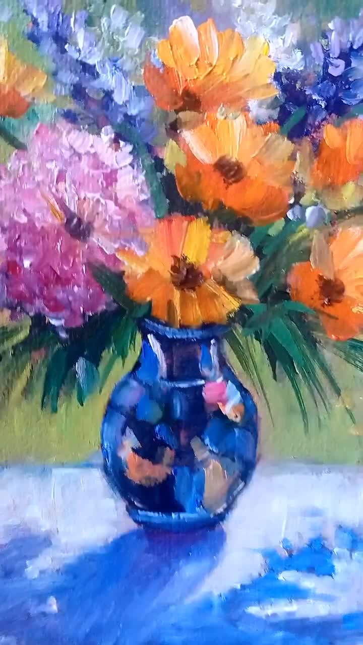 Original Floral Oil Painting: Bright Summer Garden Still Life (7x7