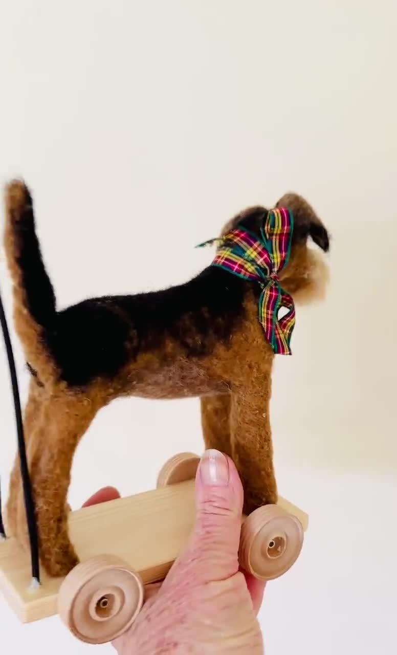 Needle felted Fox Terrier/Dog on wheels/Terrier art/Pushalong Toys/Model  dogs/Dog decor/Terrier lover gift/Dog ornament/Vintage felted dog