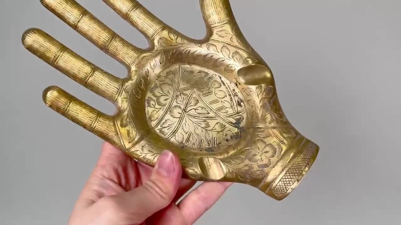 Vintage Brass Hand Dish: Engraved Henna Palm Ashtray, Signed Goel