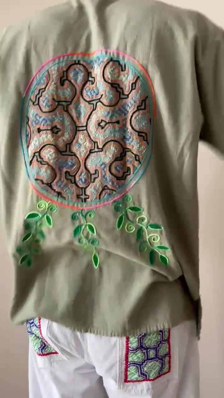 Shipibo Hand Embroidered Shirt: Icaros Kené Art Sage Green Cotton