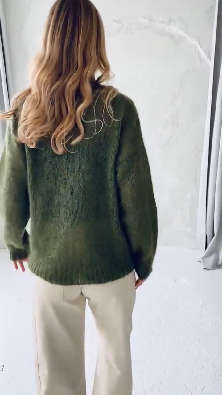 トップス anyten Mohair Cardigan Military Green M Vintage 60s Mohair Cardigan Sweater Green Size Large Kurt
