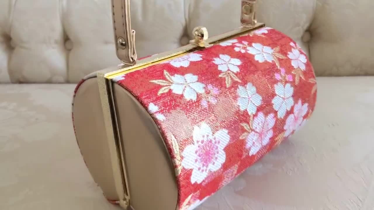 Vintage Kimono Bag With Cherry Blossom Pattern in Gold and Red