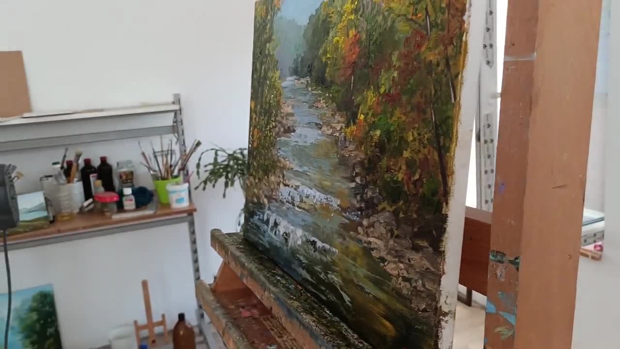 川の風景油絵オリジナルアート秋の森秋の自然田舎の壁装飾 - Etsy 日本