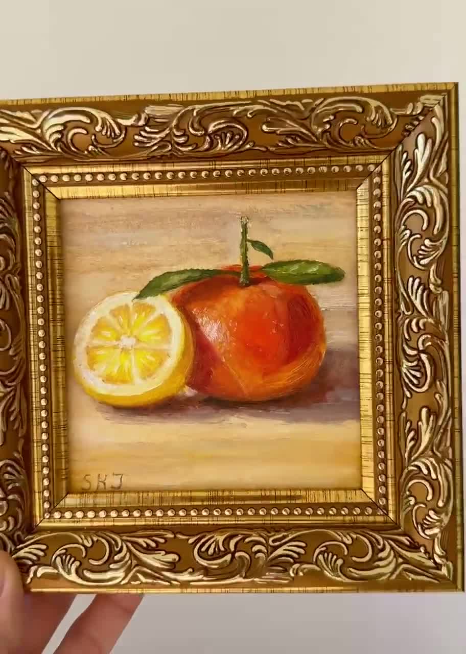 油絵　オレンジとねぎ オレンジ、レモンの油絵 - 柑橘類のアート。フルーツの絵画、小さな