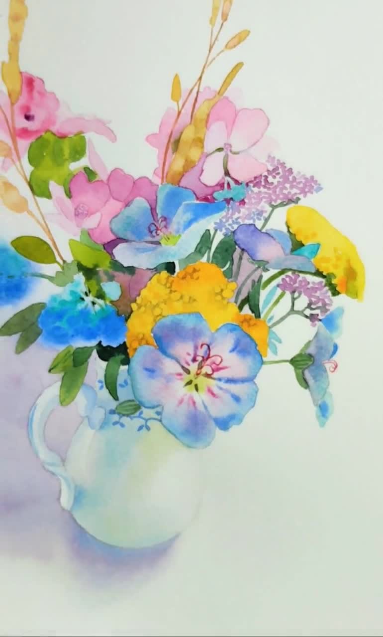 オリジナルの水彩画、花瓶に入ったカラフルな花の田舎風ブーケ、手作り