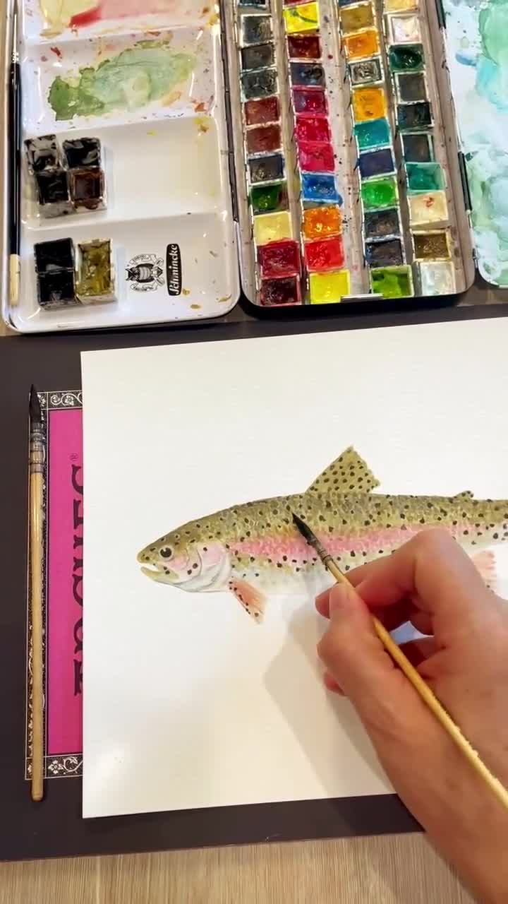ニジマスの絵画、水彩画ニジマスのプリント、釣りアートプリント、湖畔