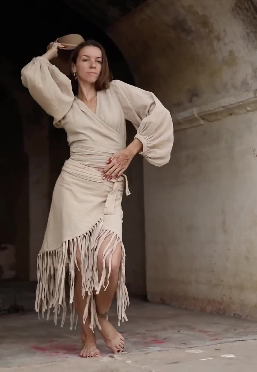 Fringe Boho Skirt/festival Skirt/beige Wrap Skirt/bohemian