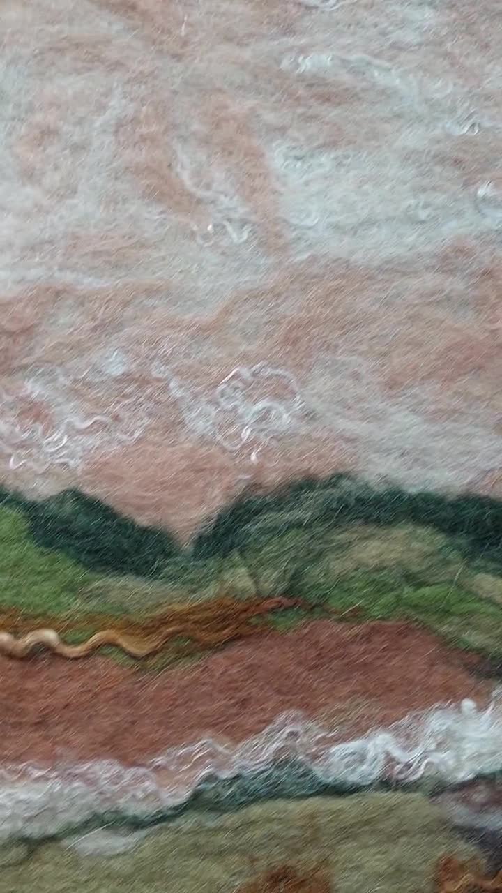 Green Fields Landscape Wool Painting, Abstract Felt Art
