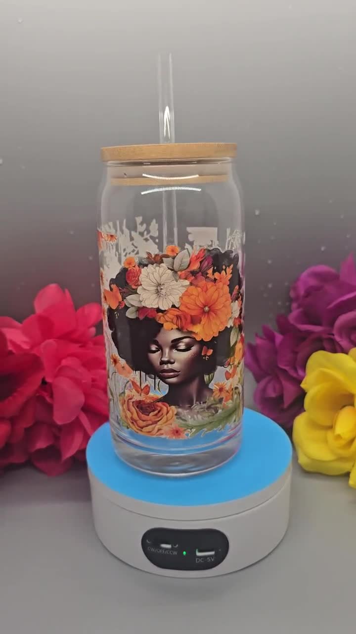 Vaso de cristal Afro Queen / Tapa y pajita de bambú con diseño floral / Empoderamiento de la mujer negra video poster