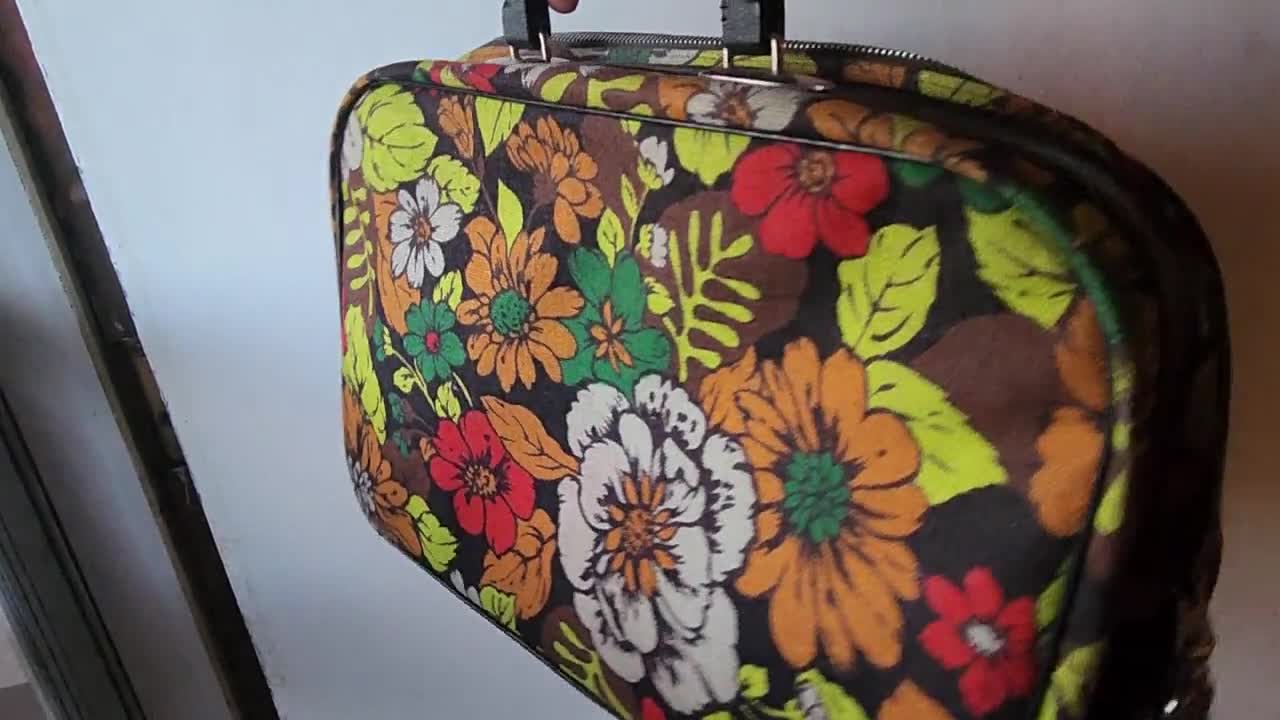 Vintage 1960s 70s Floral Canvas Luggage - Carry on Bag - Retro Zip