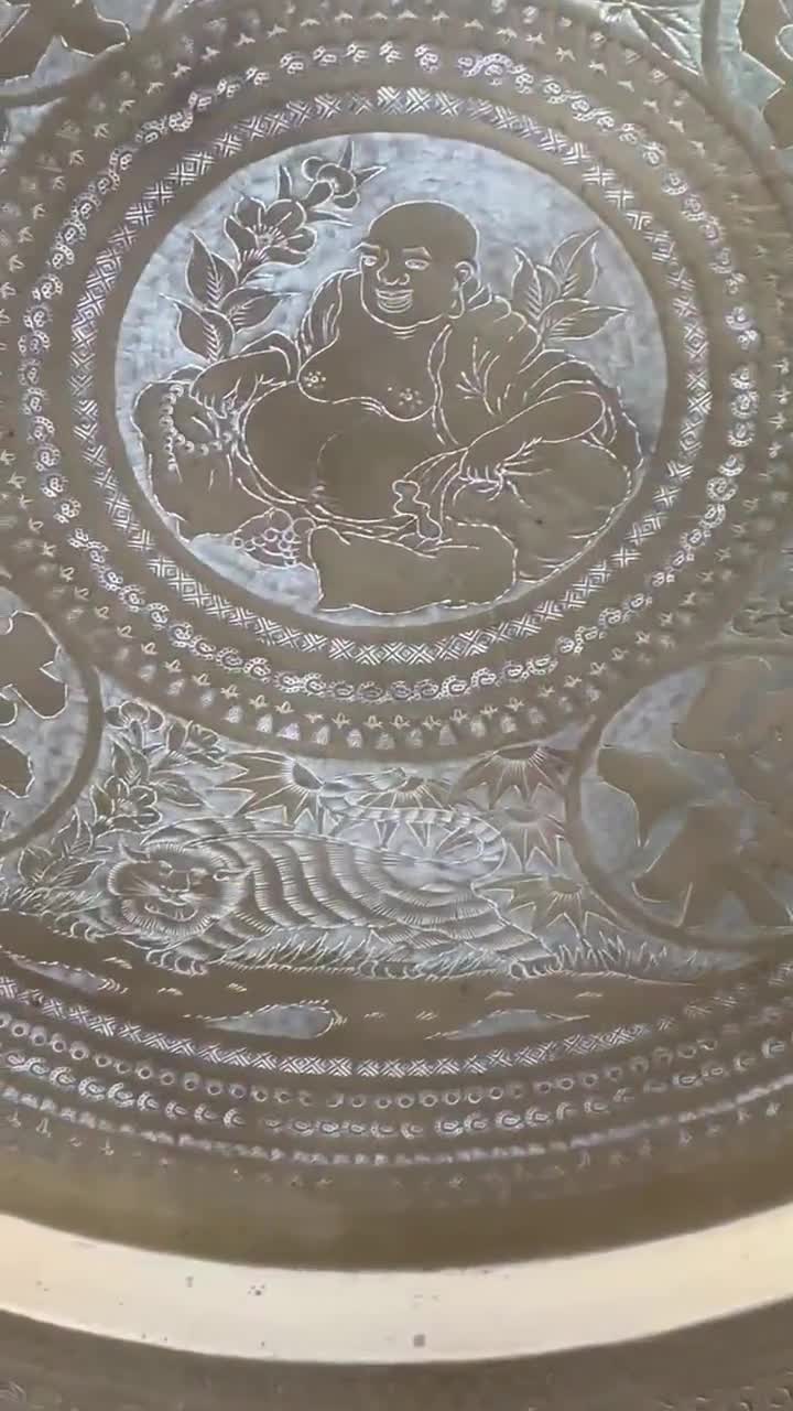 【たぁこ*さま】vintage tray ❀ スポンコリ トレイ Finland Antique 1930s Zodiac Chinese Buddha Table Tray 30”, Brass