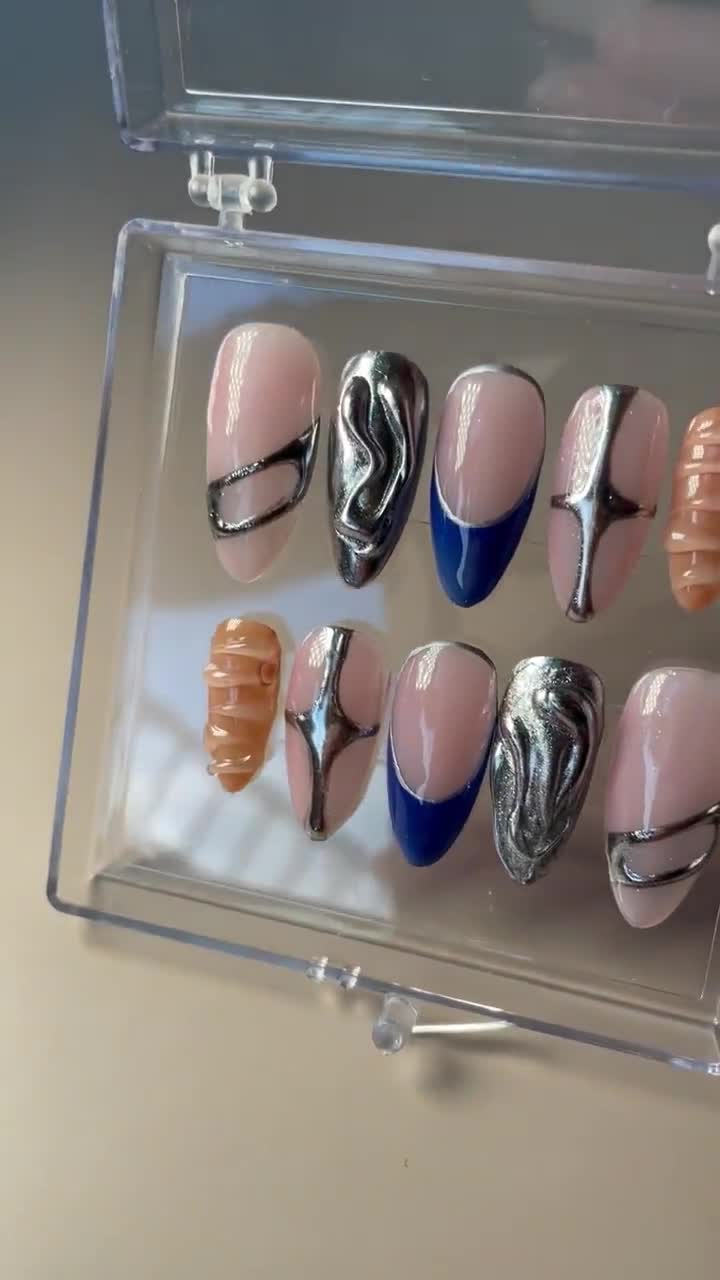 3D Silver Chrome Press On Nails: Long Almond French Tip video poster