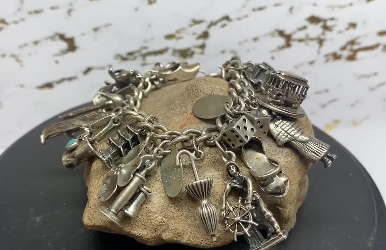 Vintage 925 Sterling Silver Overloaded Heavy Charm Bracelet.