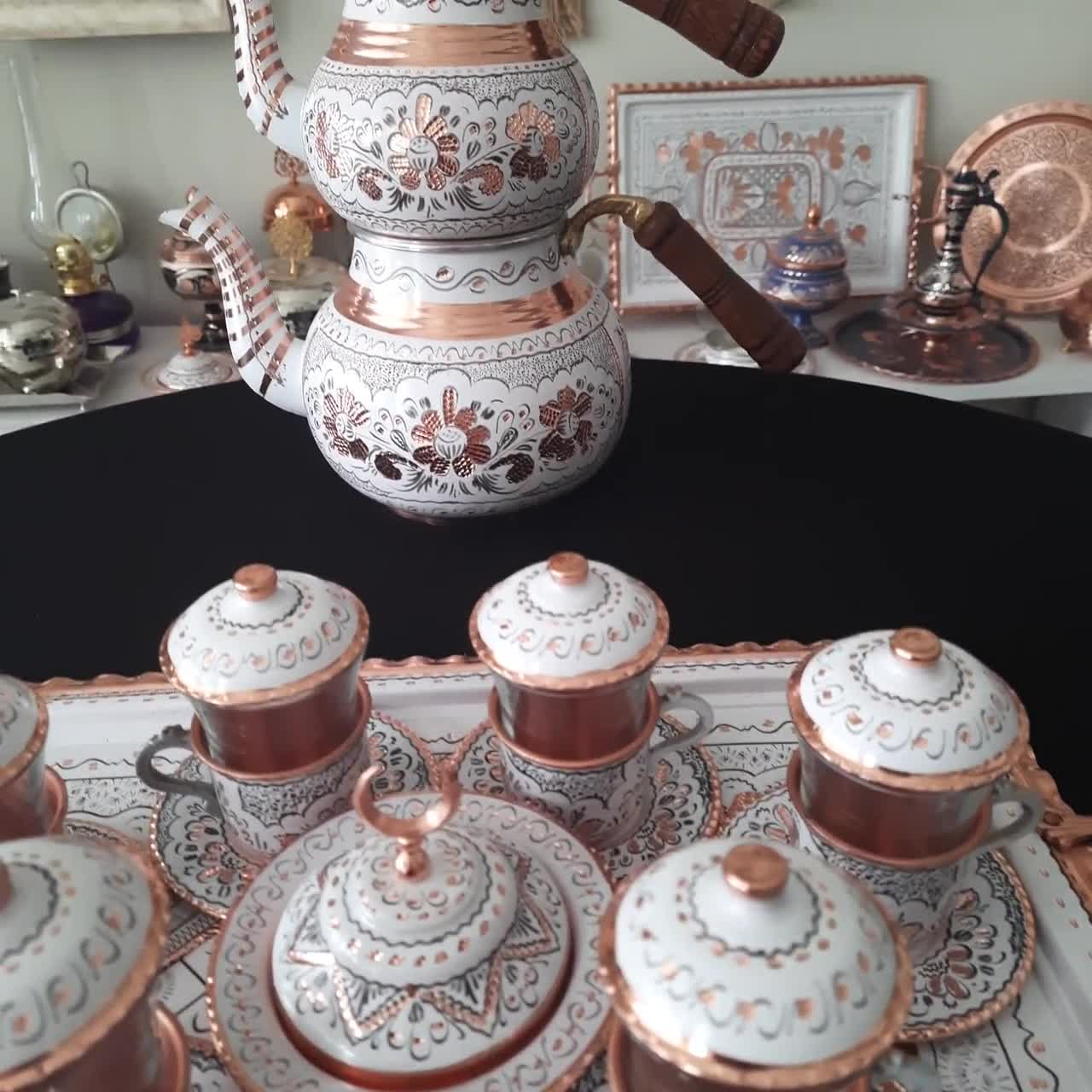 Auténtico arte del té turco: juego de tetera de cobre hecha a mano con  grabados, diseño de doble caldera, cobre de 0.039 in de grosor y elegancia