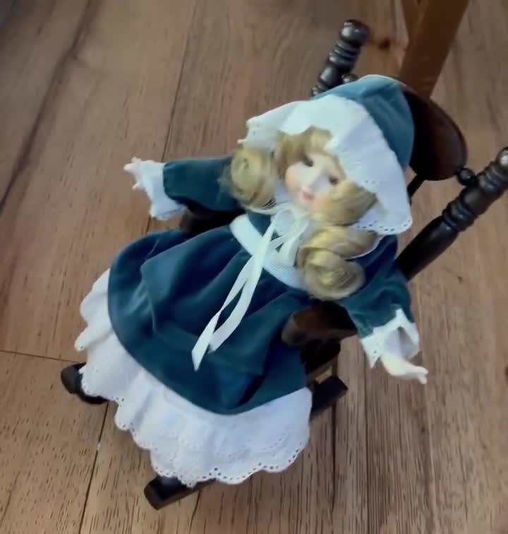 1970s Zasan Victorian Porcelain Doll on Musical Rocking Chair
