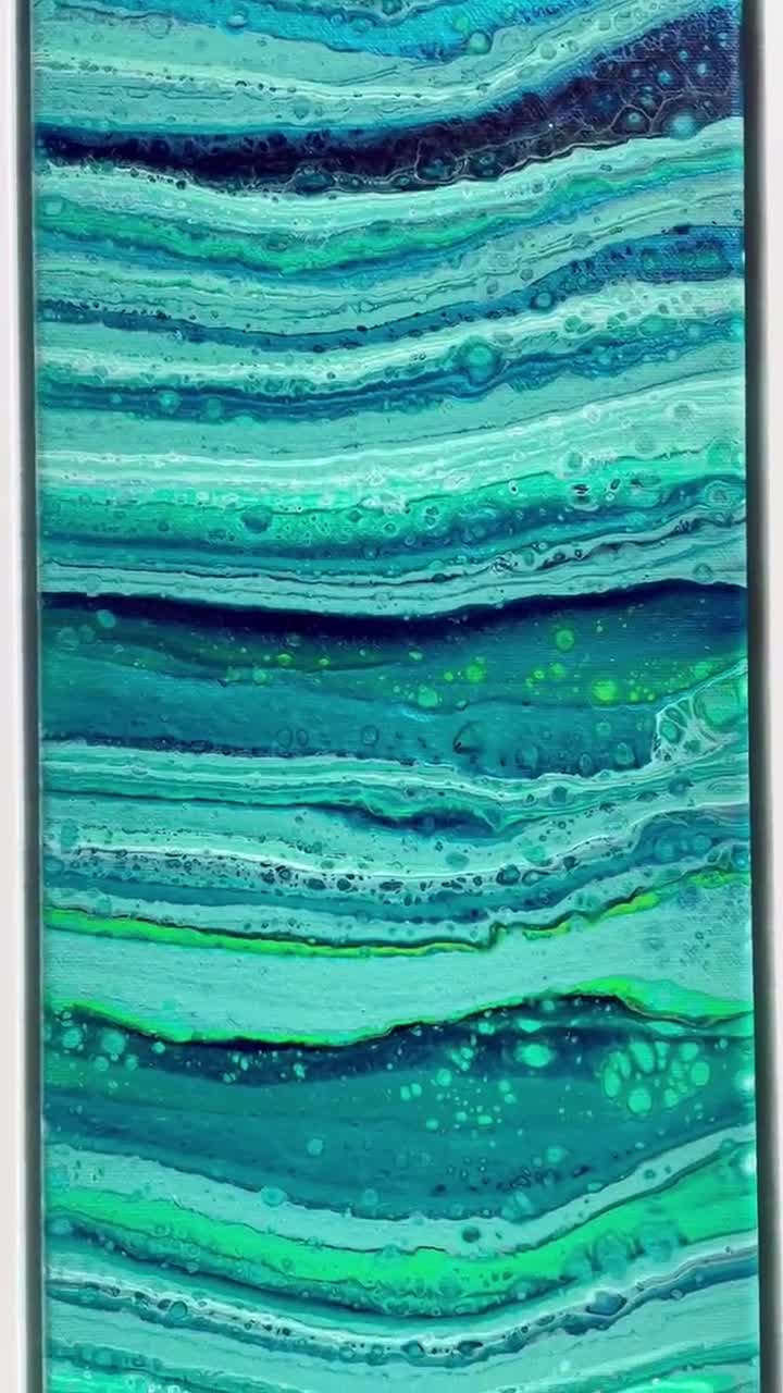 青と緑の抽象アクリル画 オリジナル抽象アクリル画：虹色の青と緑、額入りキャンバスアート