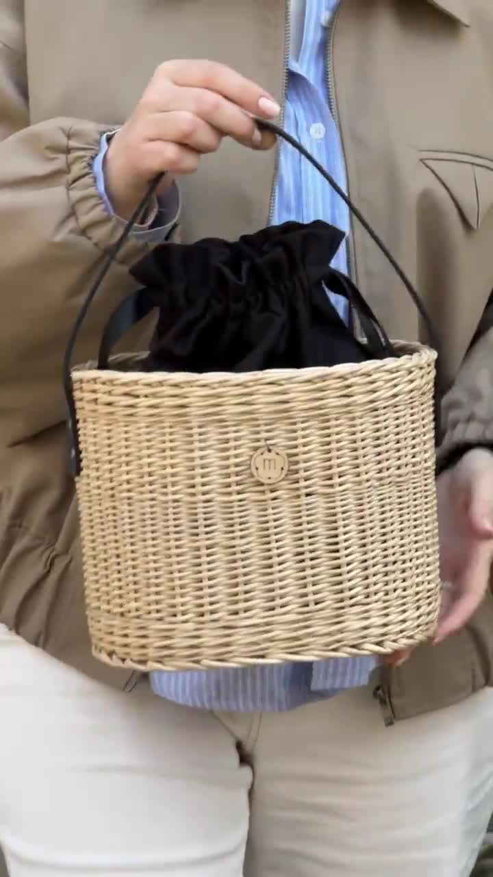 Straw Bucket Bag, Wicker Summer Bag, Beach Bag, Leather
