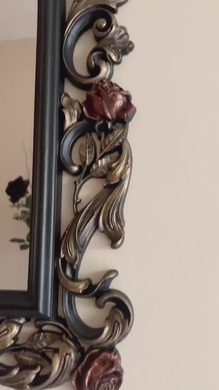 Gothic Wall Mirror | Ornate Black & Ruby Rose Frame | Vintage Home