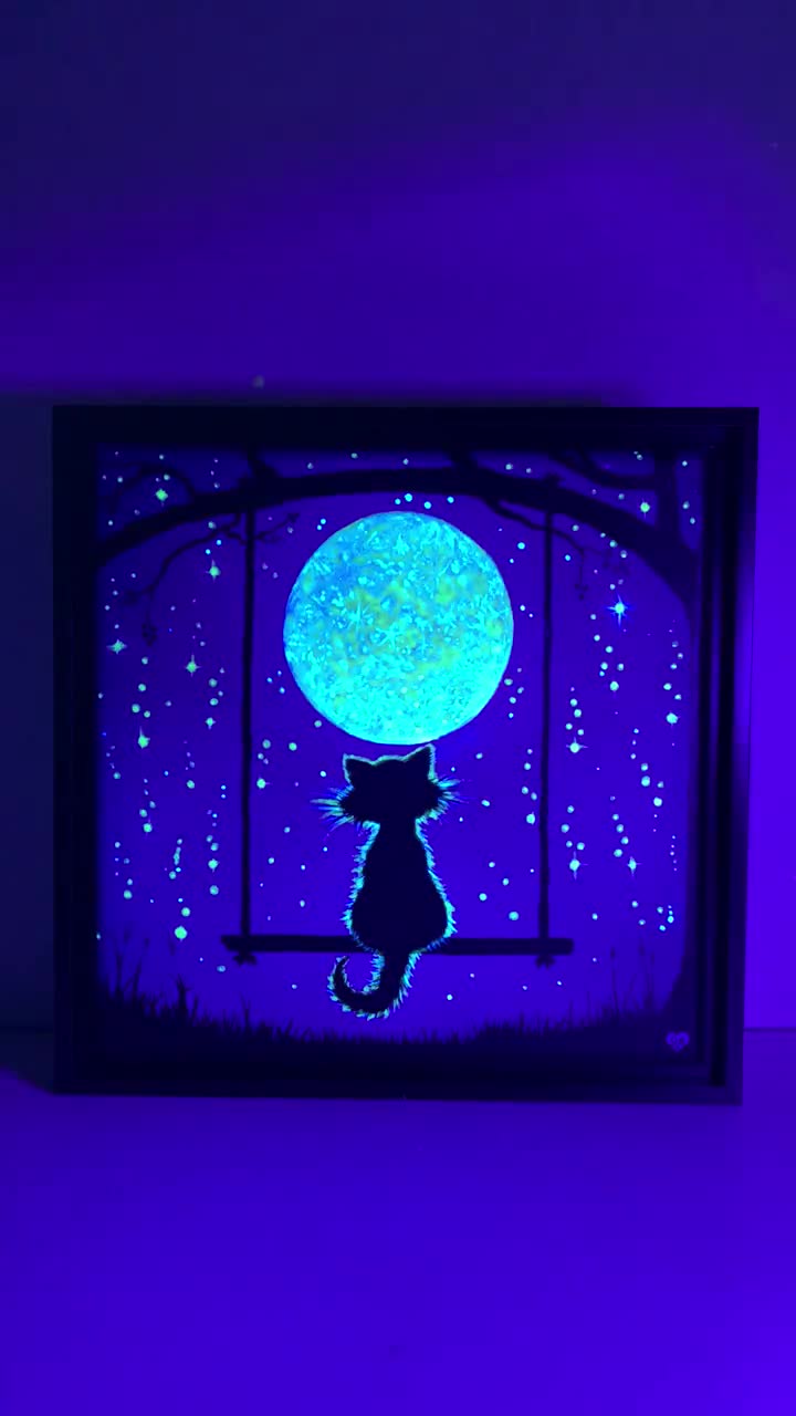 Stargazing Cat 8x8 Canvas Painting in Frame, Silhouette of