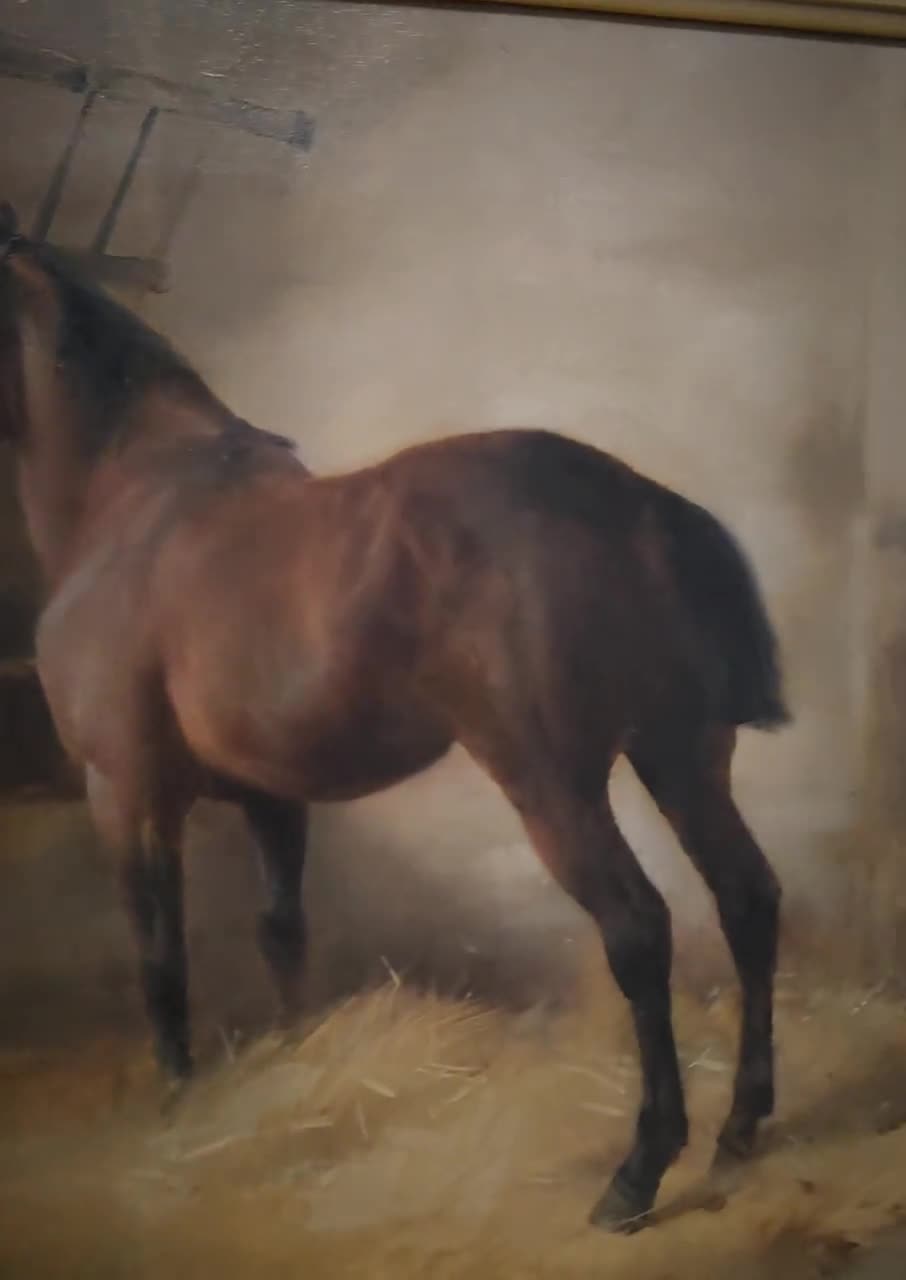 アンティークの馬の油絵、素朴な厩舎の風景、馬の動物のアート作品