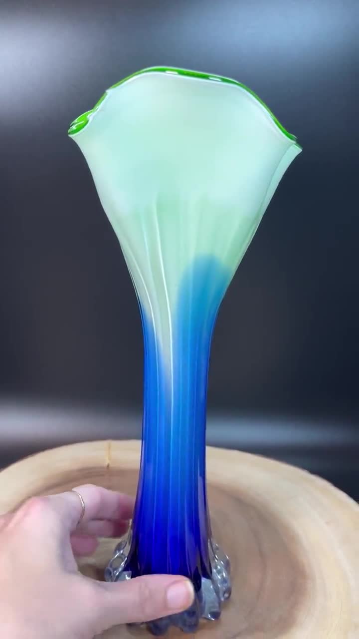 ヴィンテージアートガラス花瓶：コバルトブルー、ホワイト、ライム