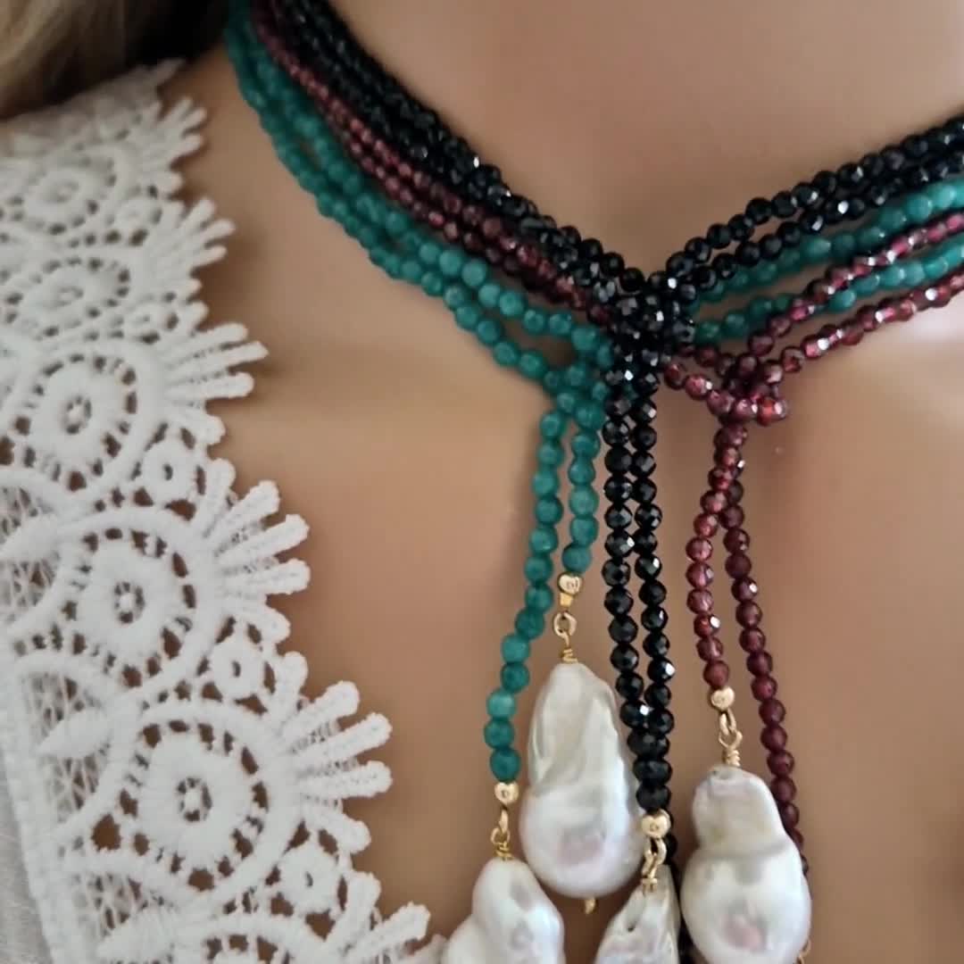 Beaded Lariat Necklace With Baroque Pearl Pendant, Gemstone Beaded Lariat Necklace With Baroque Pearl Pendant, Gemstone