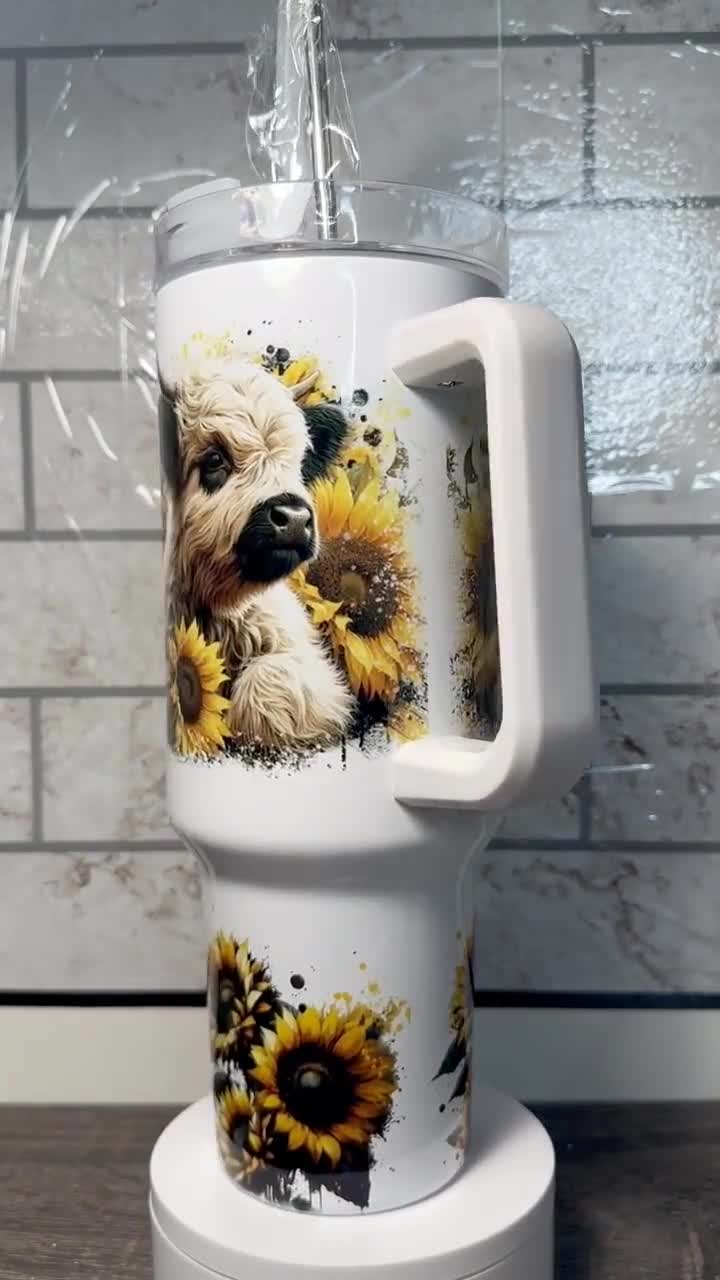 40oz tumbler. Highlander cup, Highlander tumbler, cute cow sunflower cup, video poster