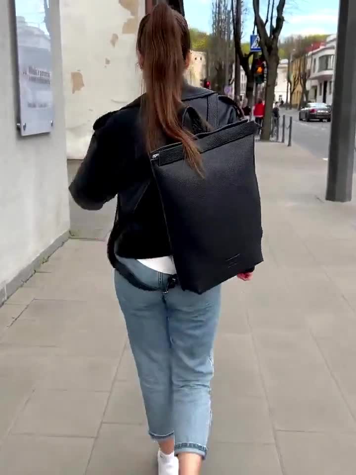Unisex Leather Backpack, Black Leather Rucksack, Spacy Laptop Case
