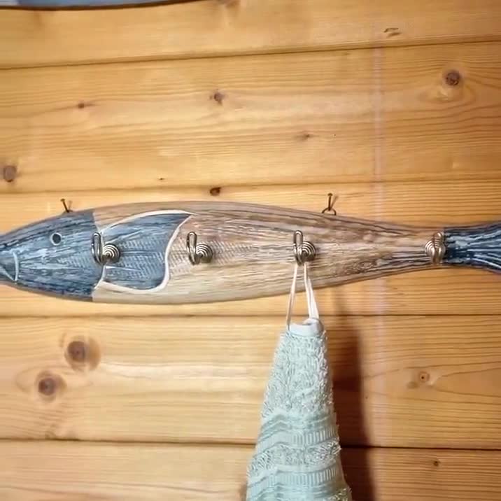 Fish Coat Rack Hook Board Made of Wood 50 Cm Hook Rail Upcycling