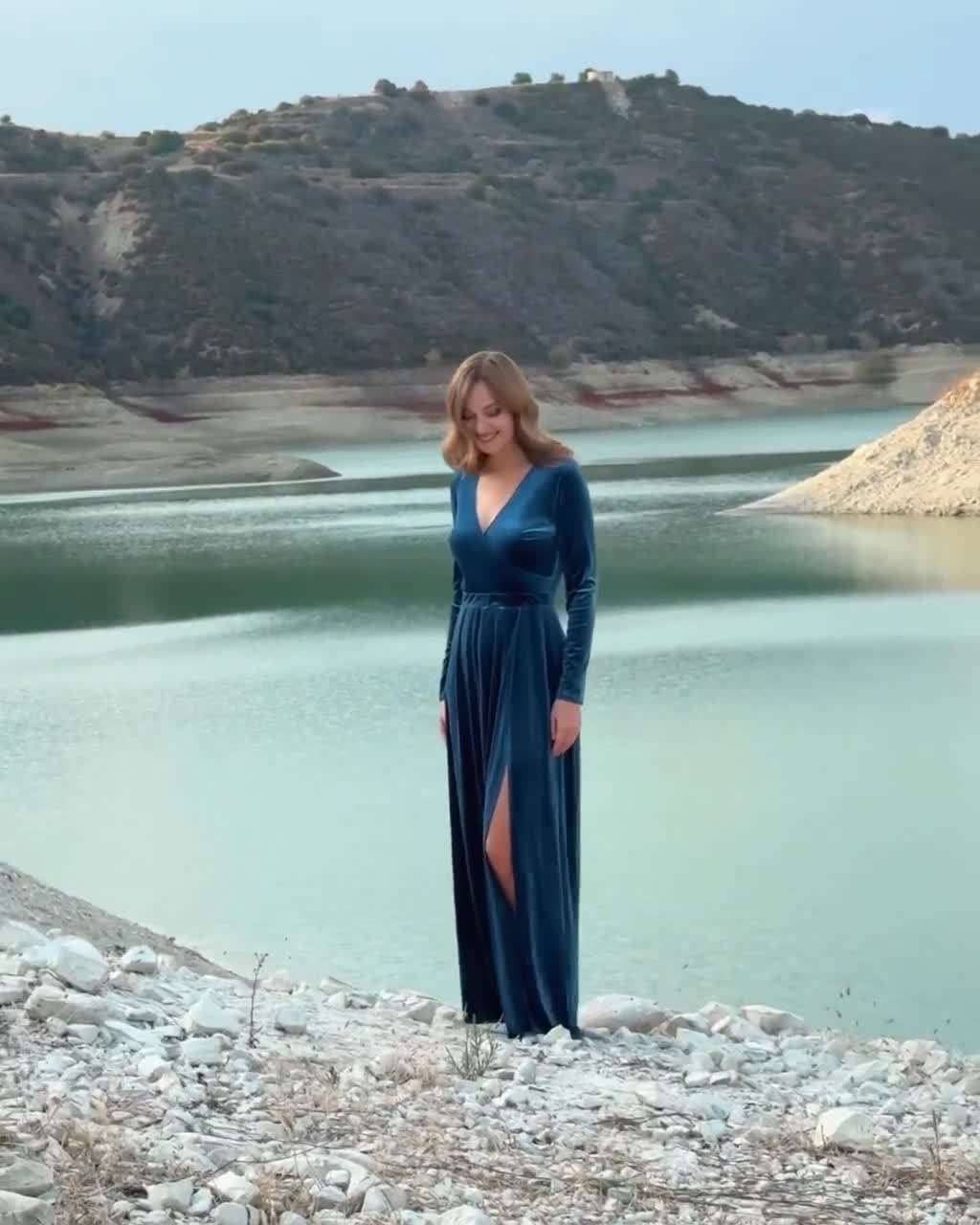 Dusty Blue velvet maxi dress: holiday gown with long sleeves and slit,  Christmas Party, Fall Winter Wedding, Bridesmaid