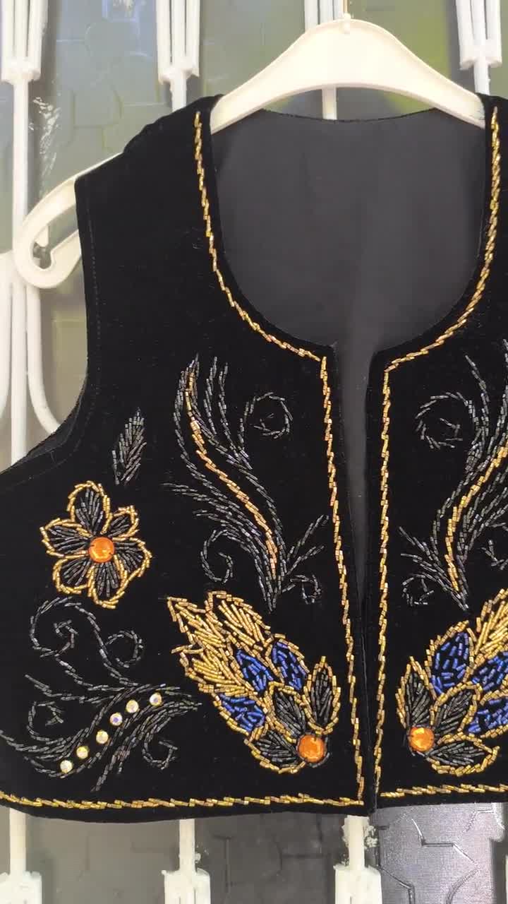 Handmade Velvet Vest, Beaded-sequin Floral Embroidered Black