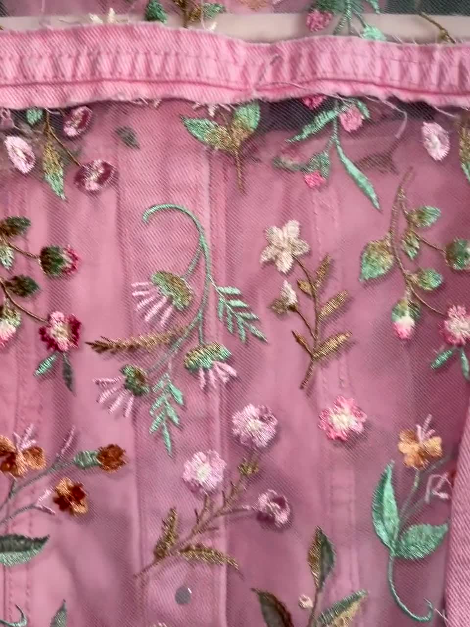 BEAMS デニム ジャケット PINK USED Boho Oversized Sheer Multi Colored Floral Embroidered Pink