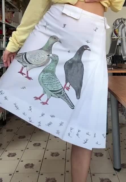 Hand Painted Pigeon Skirt, Vintage White Pleated Midi