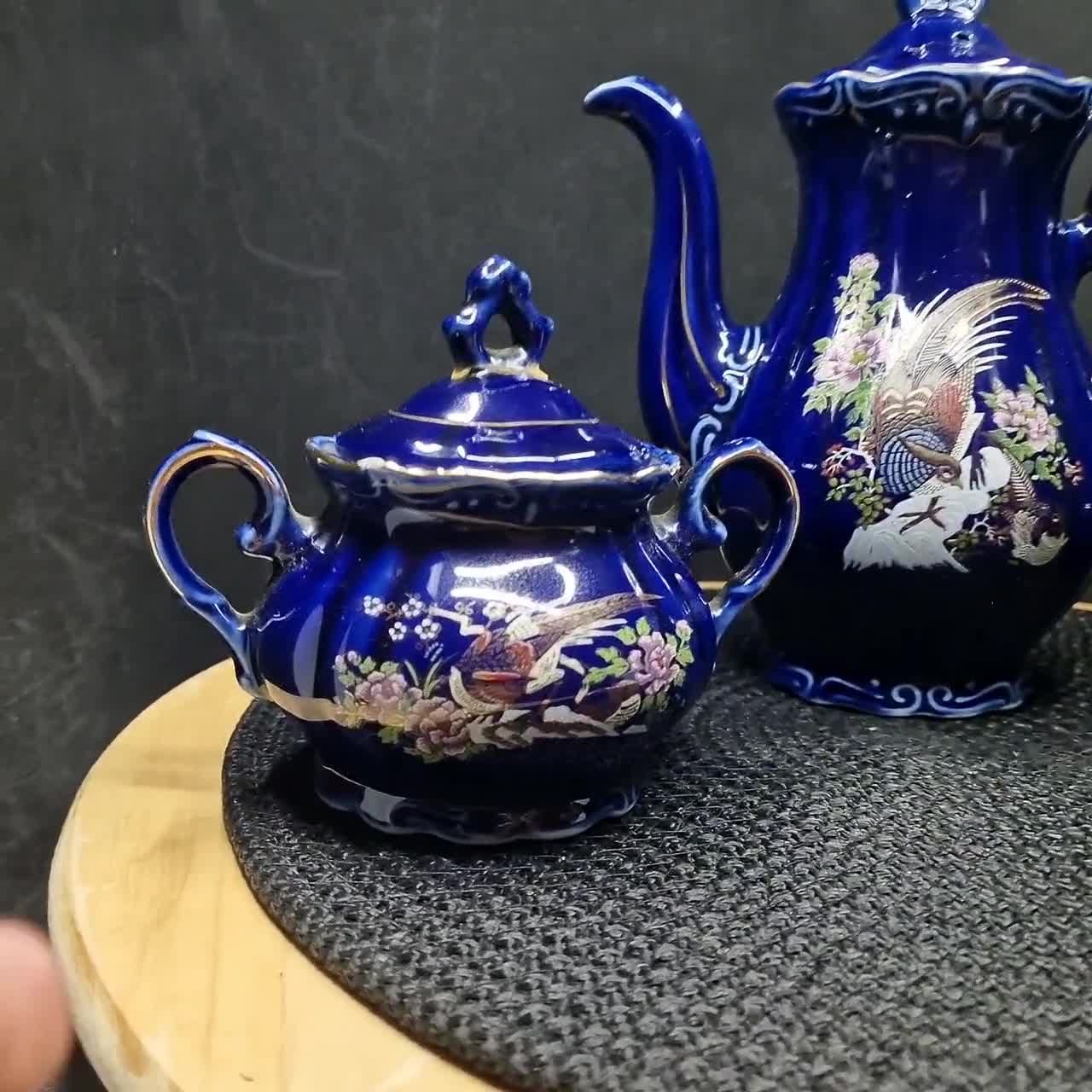 Vintage Japanese Cobalt Blue Porcelain Tea Set: Pheasant & Floral