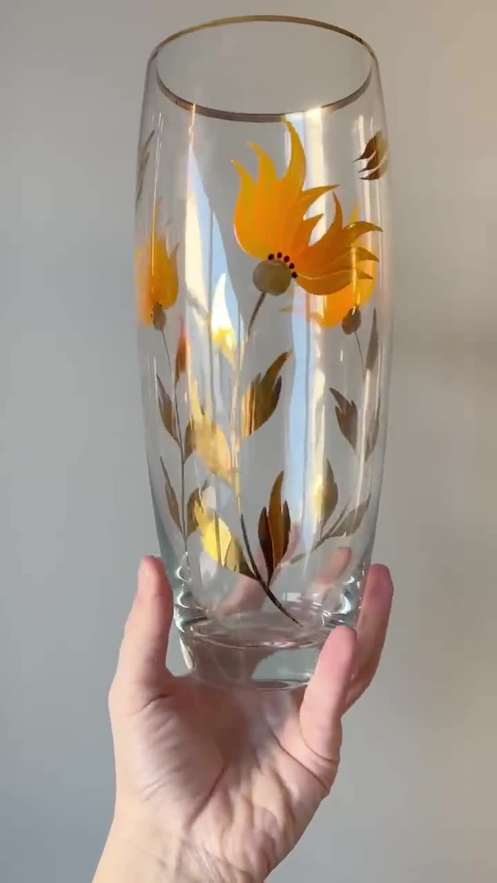 Vintage Glass Vase With Hand Painted Orange Flowers and Gold