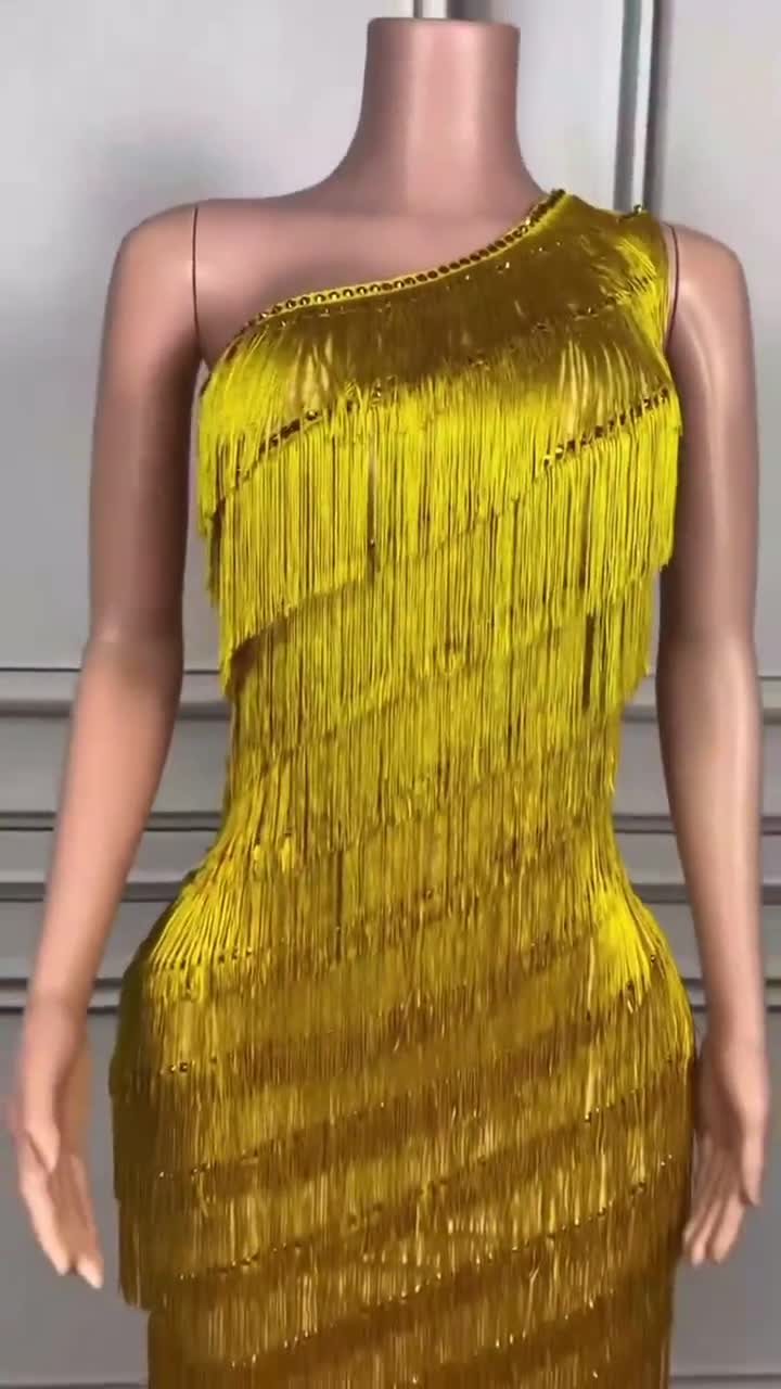 Gold One Shoulder Full Fringe Side Slit Maxi Dress - Etsy