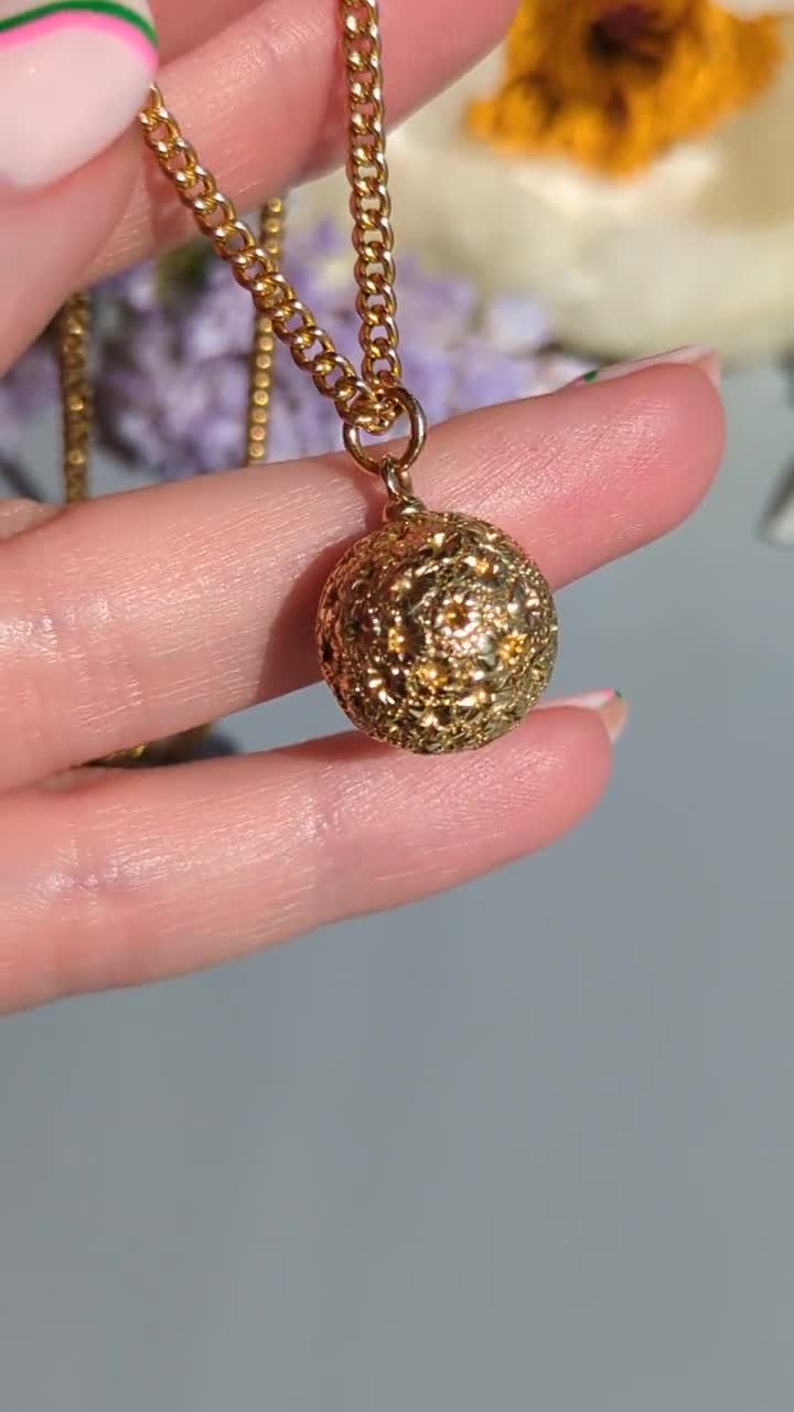 RESERVED Vintage hallmarked 9ct gold discount necklace pendant pierced ball sphere 52cm RESERVED